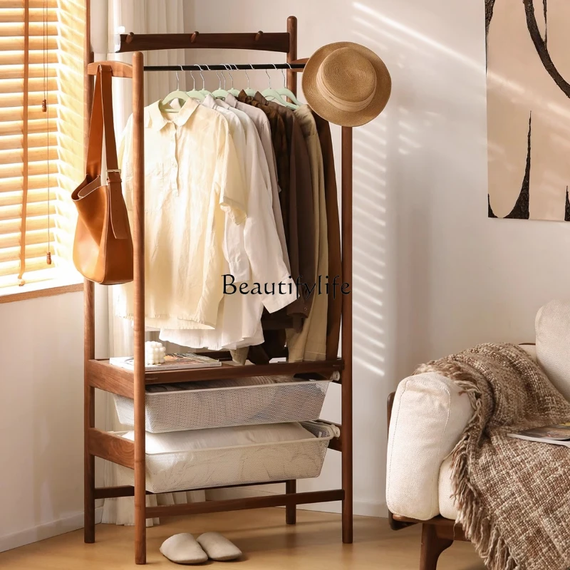 

Solid wood coat rack Nordic small apartment black walnut bedroom floor storage rack