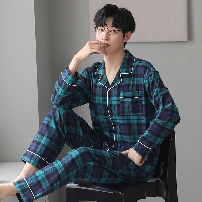 

Spring Brand HQ Woven Cotton Men's Pajama Sets Pyjamas Stripes Sleep Loungewear Blue Sleepwear PJ Male Suit Pajamas Home Fashion