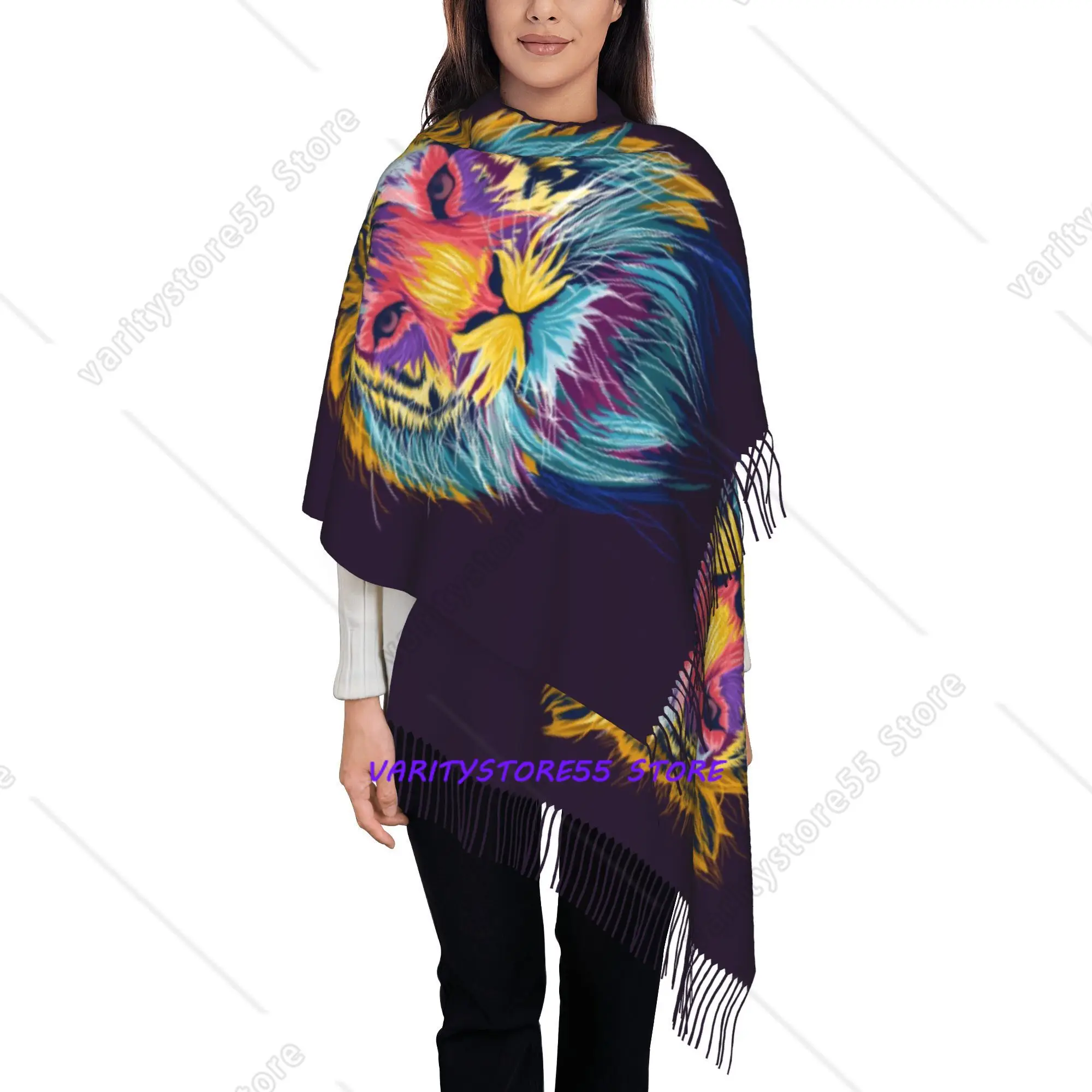 Vivid Multicolor Lion Portrait Pattern Tassel Shawl, Wildlife Art Outer Cape Cover Up