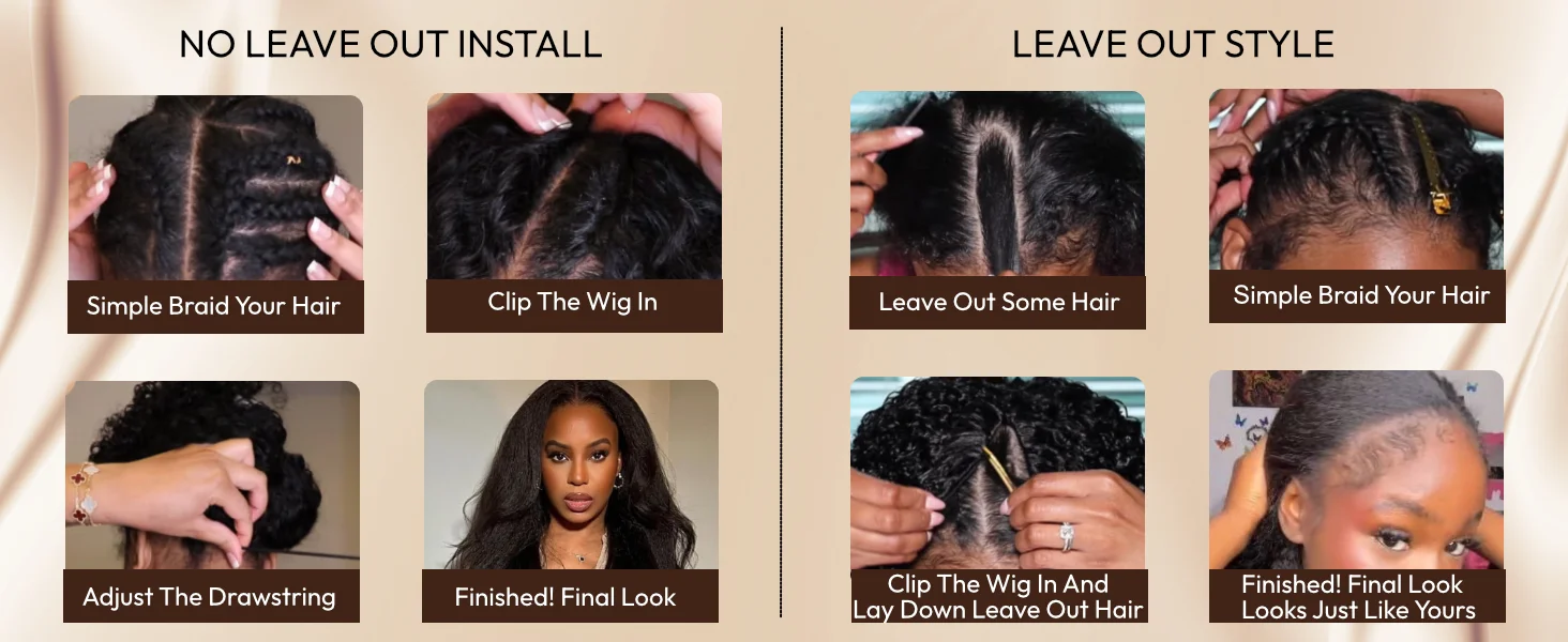 Yaki Straight V Part Wig 100% Human Hair Wigs With Drawstring No Leave-out No Glue Beginner Friendly Yaki V Shape Wigs