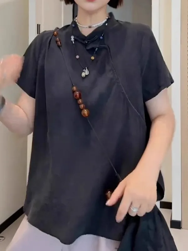 

plus Size Women's Bla ort Sve irt New Chinese Sle Button Loose Fitting Summer Korean Sle Top for Plump MM