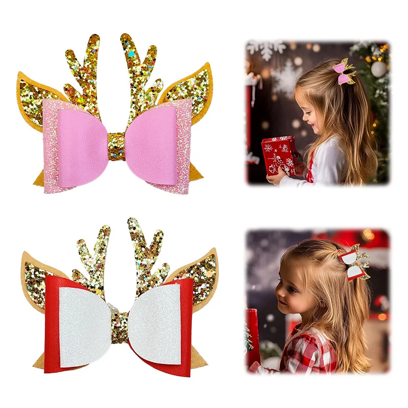 

30 PCS/Lot, Reindeer Glitter Bow Hair Clips For Baby Girls Christmas Holiday Gift Hair Accessories