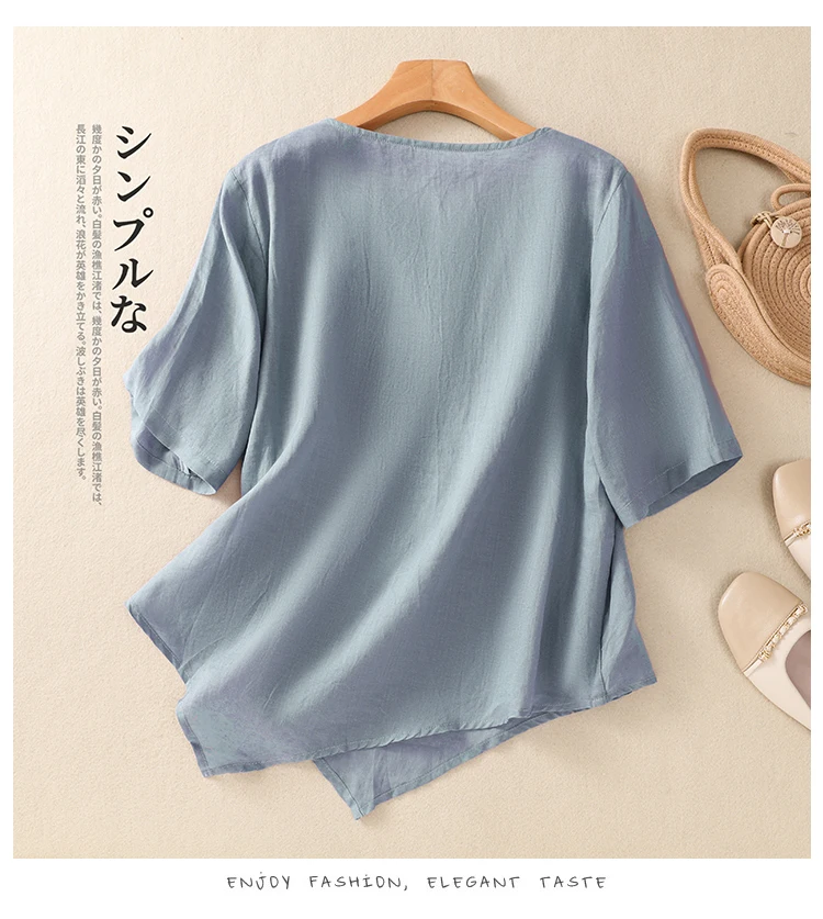 Cotton Linen Chinese Style Women\'s Shirt Summer Embroidery Vintage Blouses Loose Short Women Tops O-neck Clothing 2024 Korean