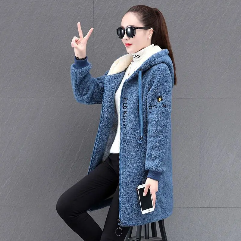 Women\'s Lamb Wool Coat 2024 New Winter Plus Velvet Cotton Jacket Loose Mid-length Female Hooded Overcoat