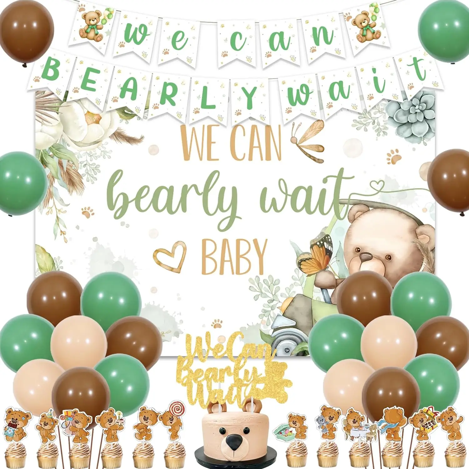 

We Can Bearly Wait Baby Shower Decor for Boy Bear Themed Backdrop Banner Cake Cupcake Toppers Balloons