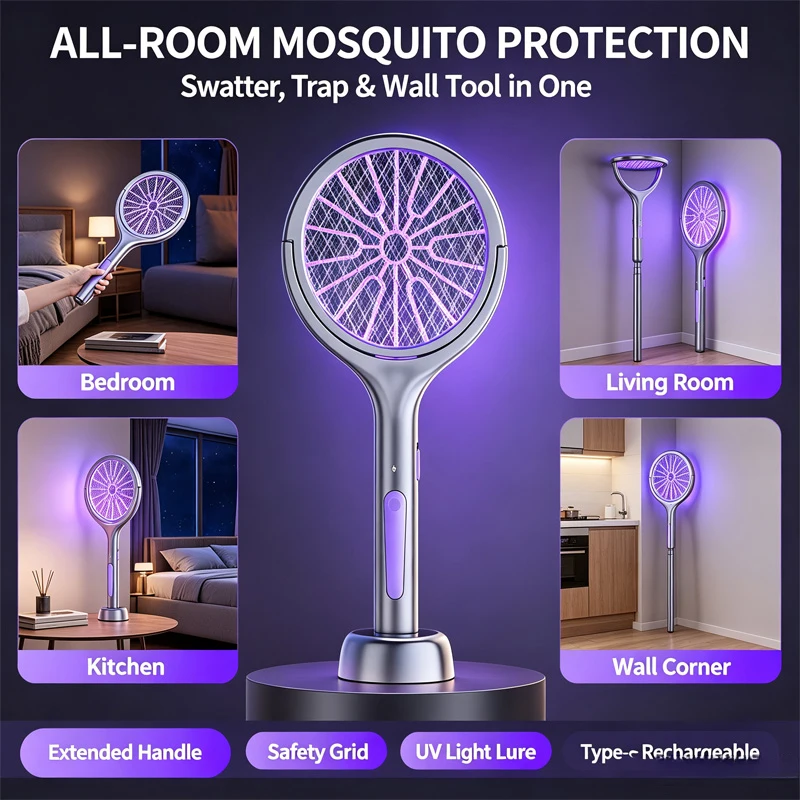 Rotating Head Bug Zapper Racket Rechargeable Electric Fly Swatter Fly Killer and Mosquito Trap Lamp for Indoor and Outdoor 썸네일 6