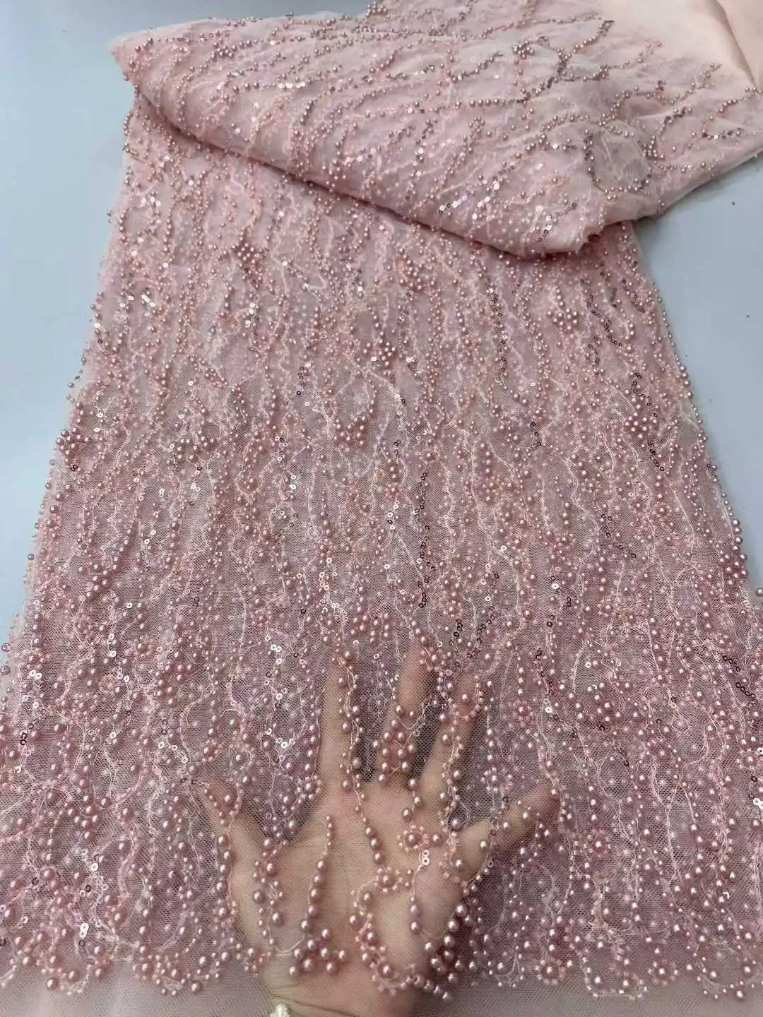 브라운 스팽글 비즈 자수 레이스 원단, 우아한 프랑스 네트 레이스 원단, 비즈 장식 나이지리아 스팽글 레이스 원단