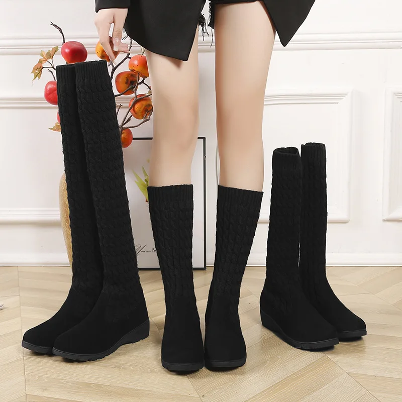 Ladies Boots Autumn Winter Thigh High Boots For Women Knitting Wool Long Boot Woman Black Stretch Boots Female 40 Botas De Mujer