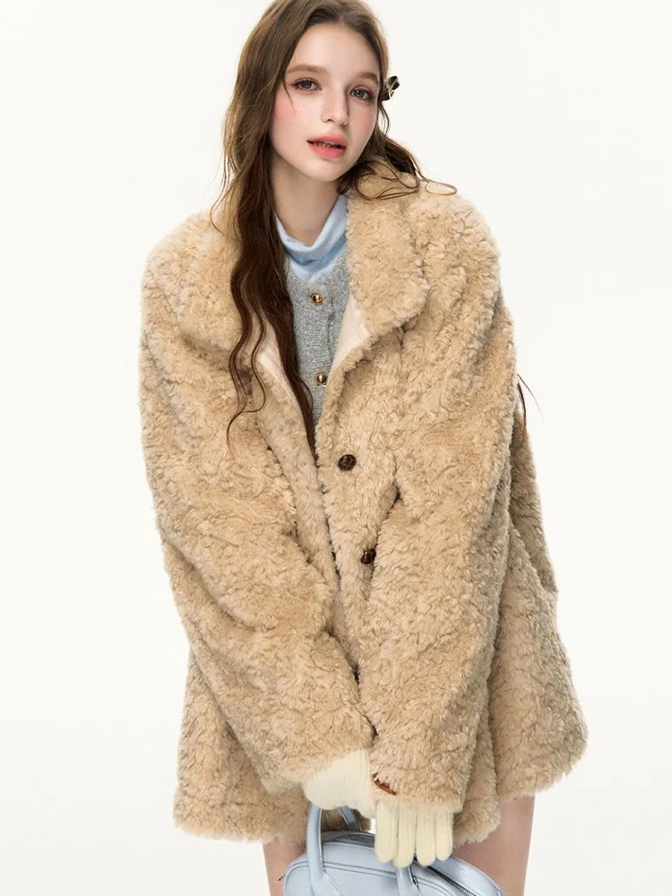 

Американское ретро пальто из искусственного ягненка, женская зимняя теплая милая куртка с длинным рукавом, повседневные милые однобортные винтажные топы в консервативном стиле