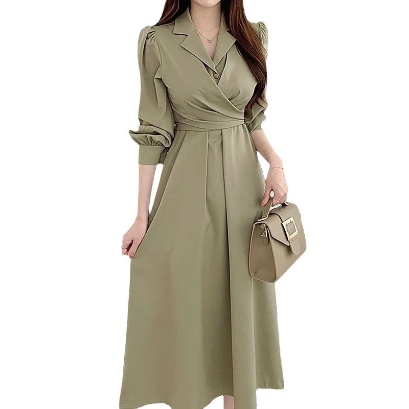 

2024 Early Autumn New Elegant Lapel Cross Tie Waist Collection Bubble Sleeve Shirt Style Dress, Mid Length Skirt