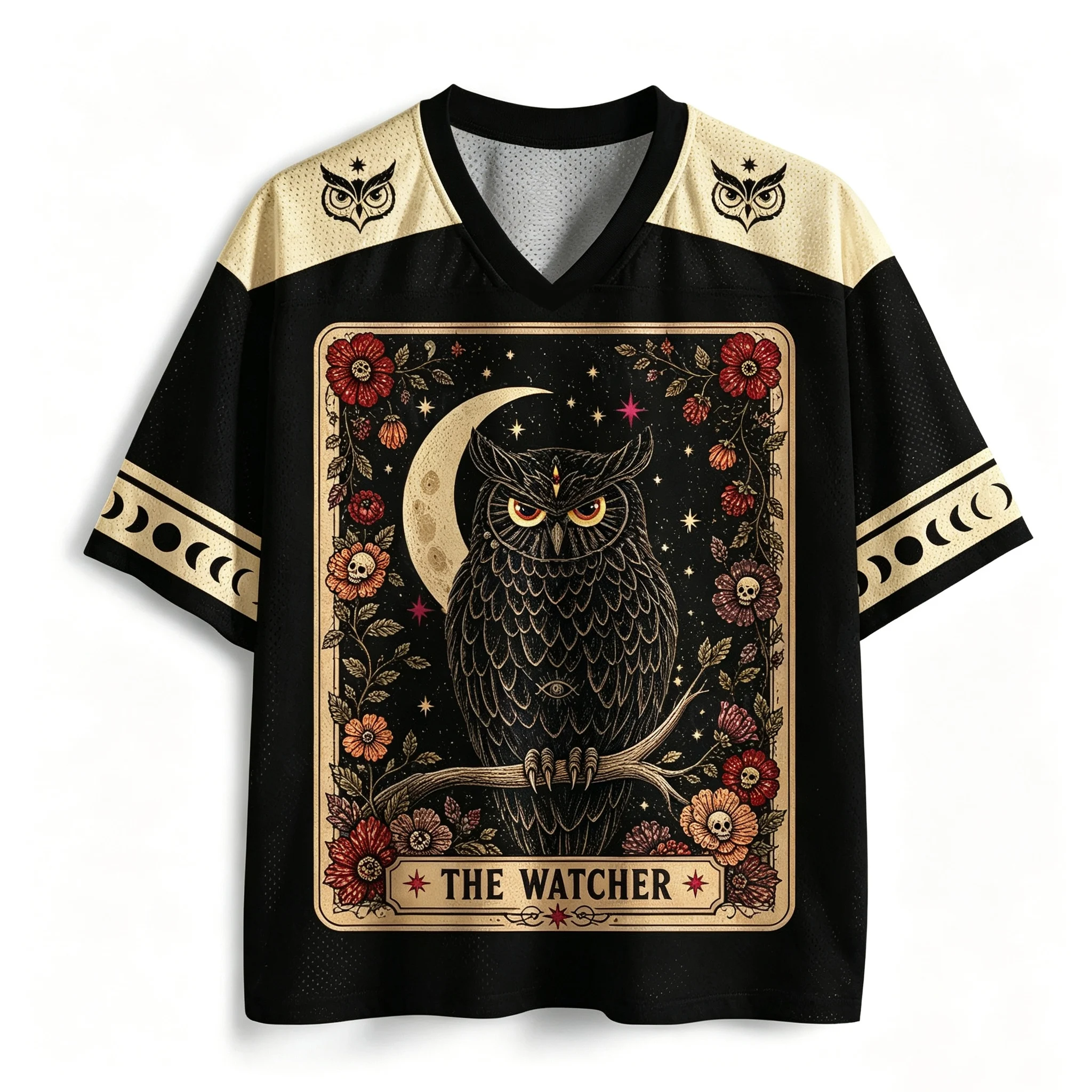 Dark Academia The Watcher Owl Tarot Card Print Short‑sleeve Jersey Shirt Occult Moon Flower Skull Streetwear Fit Hip-hop Tops