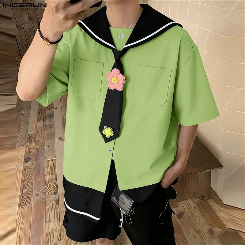 Incerun camisa masculina retalhos gola marinha manga curta solta roupas masculinas com gravata streetwear cor-bloco moda casual masculino topos