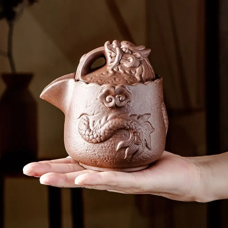 Raw Red Clay Purple Sand Teapot,Dragon Phoenix Handmade Teaware,Handheld Teaset,Household Quick Cup,Gongfu Tea Cup,Dragon Teapot
