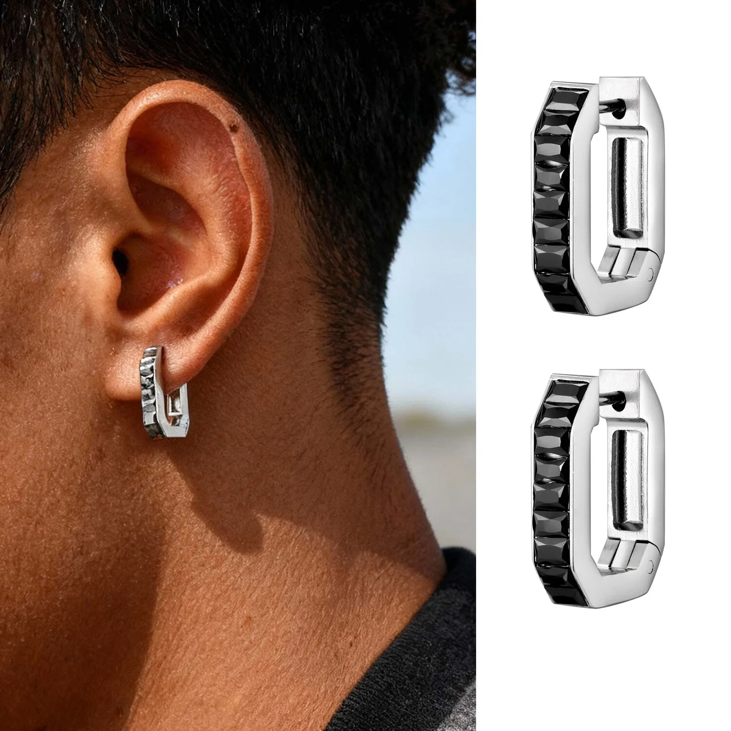 

Vintage C-Shaped Rectangular Zircon Earrings for Men,Stainless Steel Hip-Hop Huggies Hoop Earring,Black Rhinestone Earring Gift