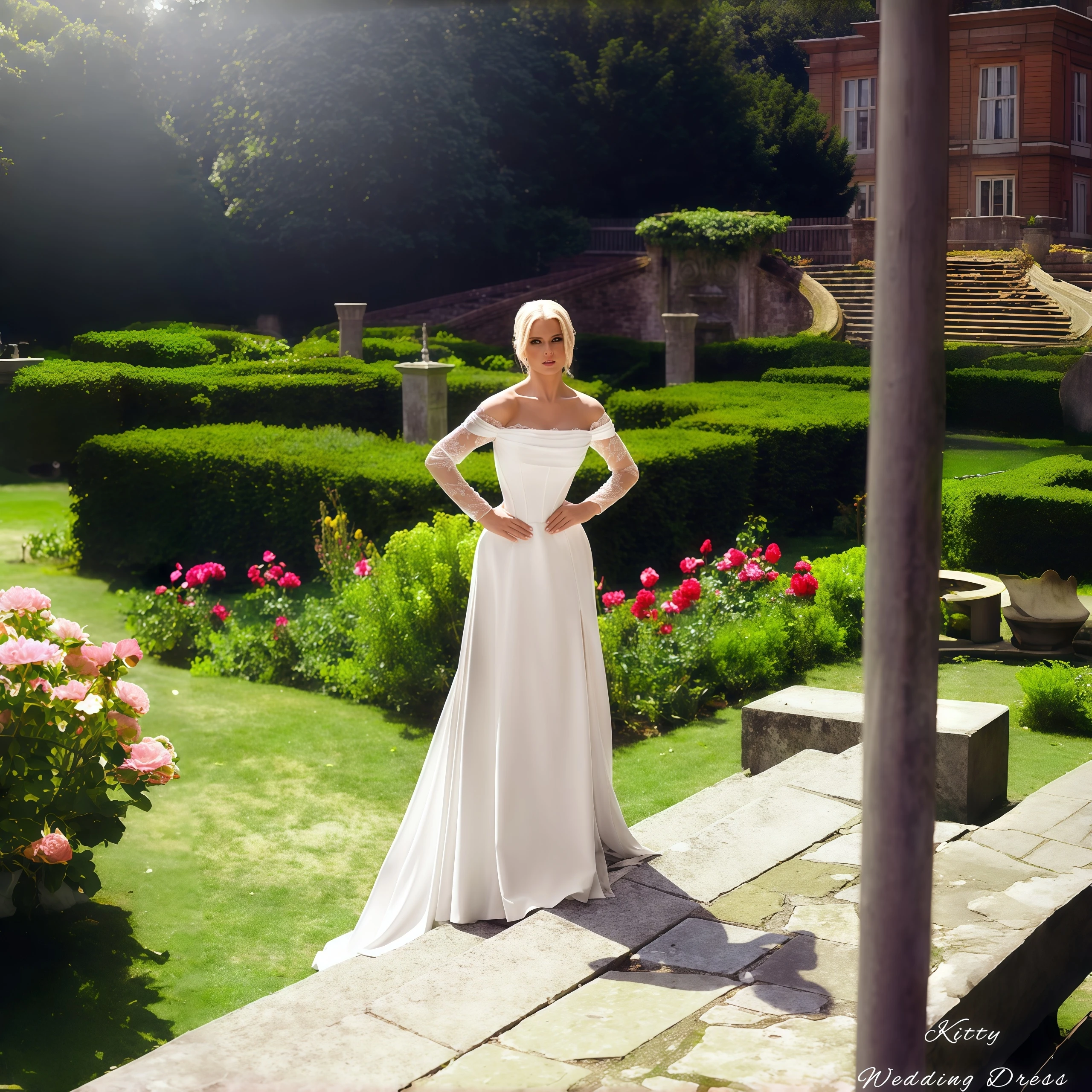 

=Kitty Customized Elegant Wedding Dress Off-the-Shoulder Lace Long Sleeves Floor Length Backless Satin A-Line Train Bridal Gown