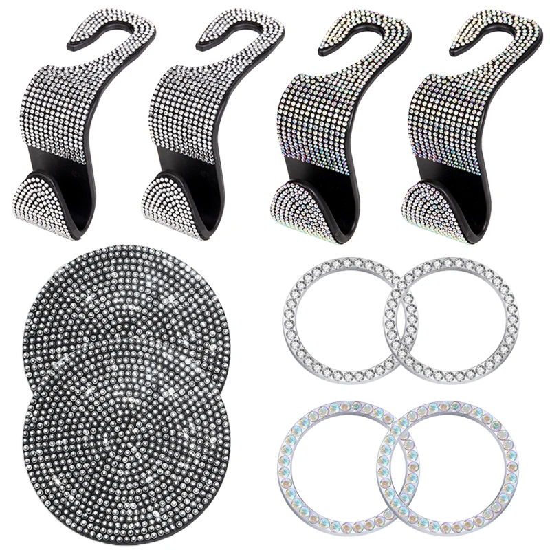 2Pcs Bling Diamond Car Seat Back Hook Switch Button Cover Water Cup Pad  Rhinestone Car Decor Storage Holder Car Accessories