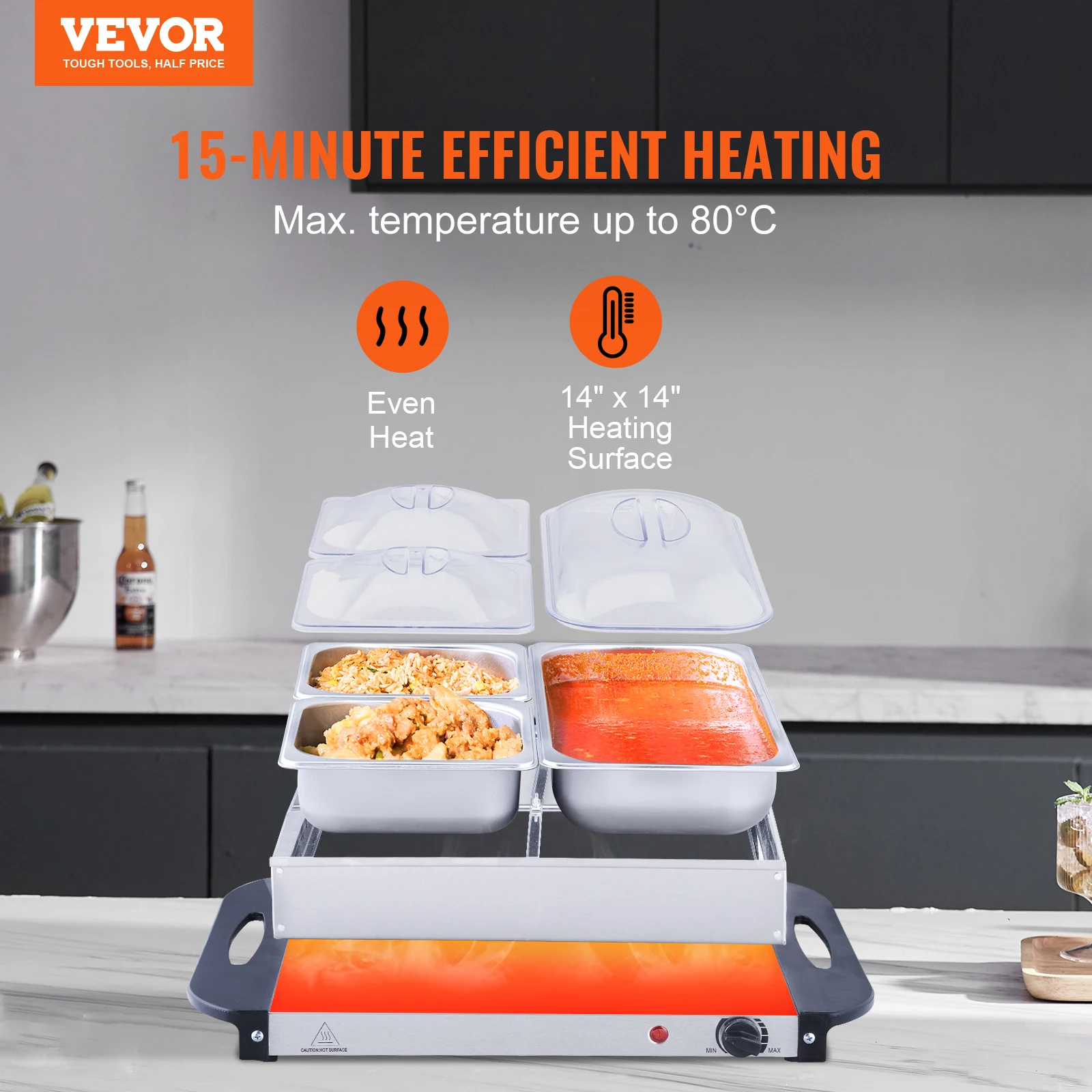 VEVOR-servidor eléctrico para Buffet, calentador de alimentos portátil de acero inoxidable, juego de platos para rozaduras, Control de temperatura, sartén segura para horno para fiestas y eventos