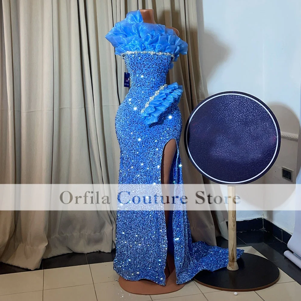 Azul vestidos de baile 2025 luxo para menina negra cristal diamante sereia vestidos de festa sem alças vestido de noite personalizado