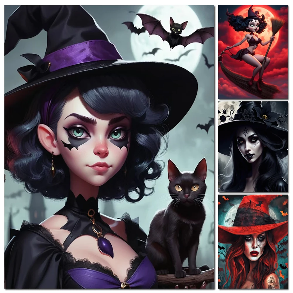 Witch In A Hat Art DIY Diamond Painting Hallowen Girl New 2024 Cross Stitch Mosaic Diamond Embroidery Sale For Home Decor