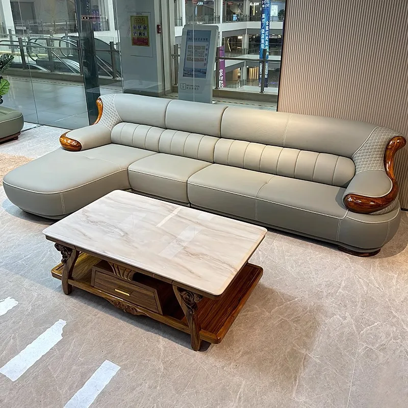 

The corner of the black gold wood leather sofa concubine size living room new Chinese leather art luxury