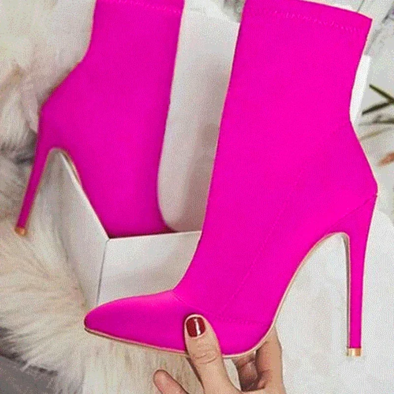 Autumn Winter Socks Boot Women High Heels Sexy Shoes Plus Size Pointed Toe Solid Color Stretch Ankle Boots Femmes Bottes 2024