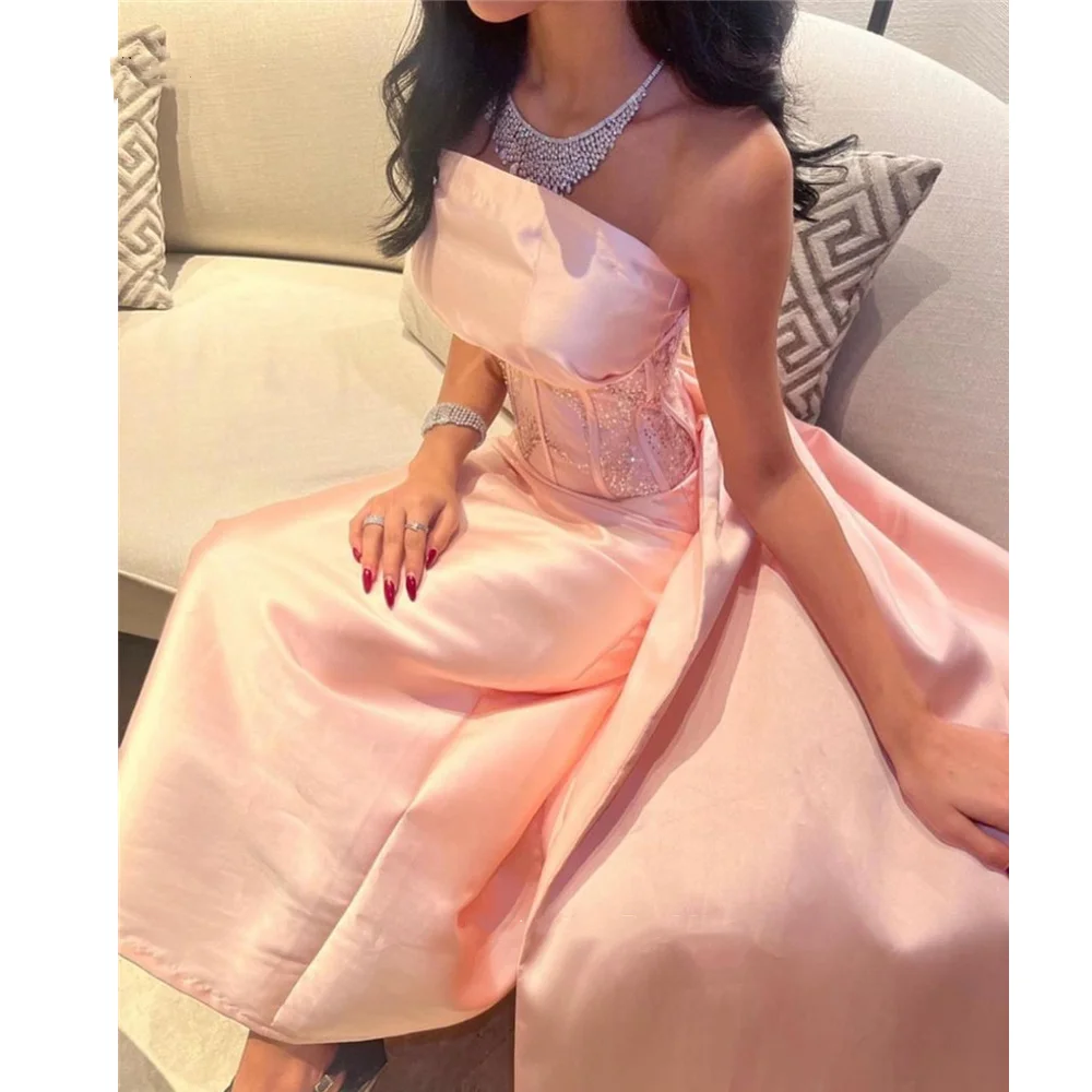 Vestidos de baile de cetim sem alças com lantejoulas, vestidos de noite, festa formal, rosa bebê, árabe saudita, Dubai, 2023