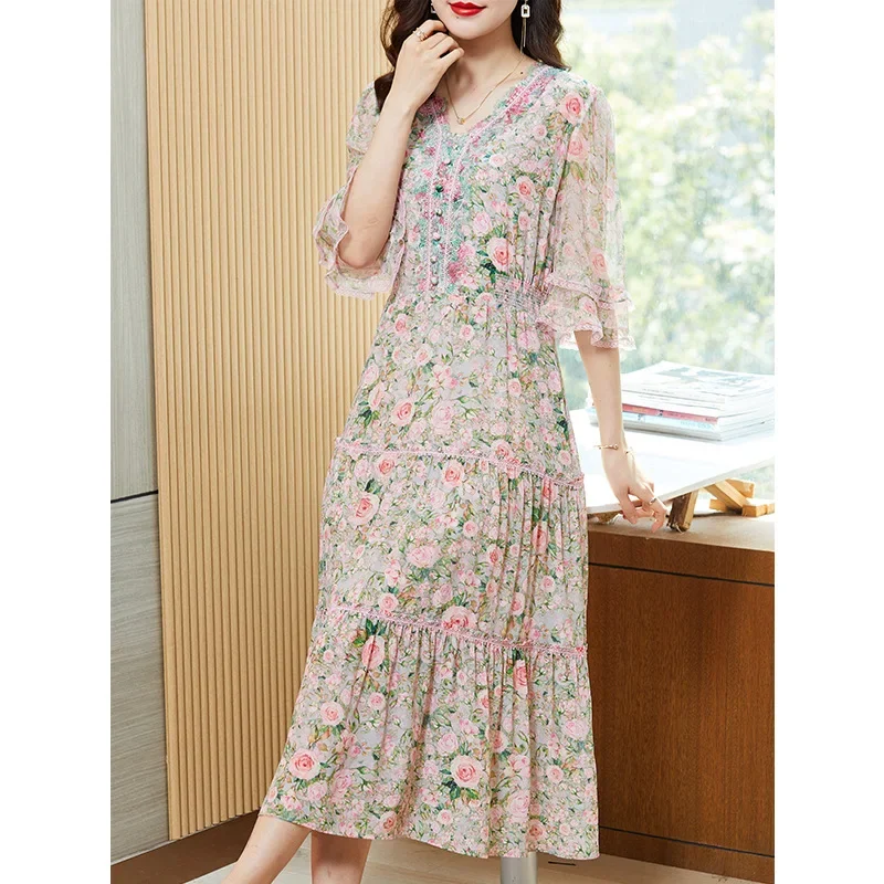 Office Lady Pink Dress Summer Women Clothing Fairy Slim Floral Dress Elegant Real Silk Dress For Women Vestidos Zm