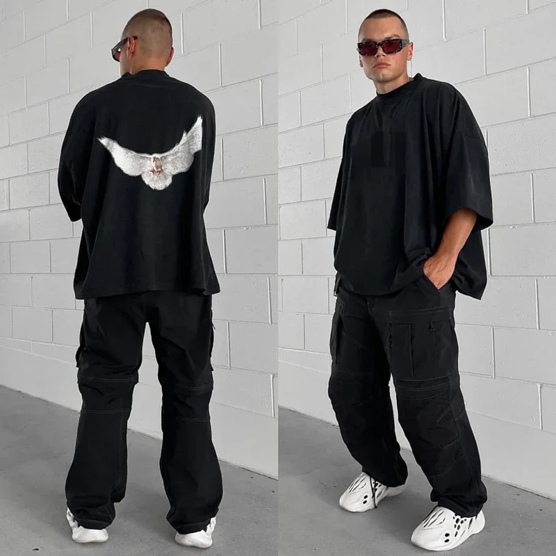 Camiseta larga de Kanye West para homens, streetwear, tops vintage