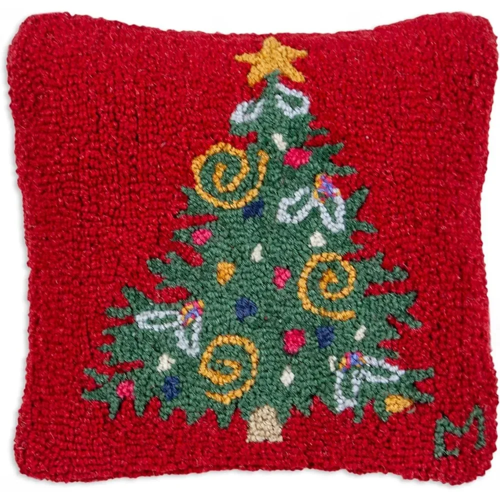 

Curly Christmas Tree Hand-Hooked Wool Decorative Throw Pillow (14 in x 14 in) Christmas Pillow for Couches & Beds