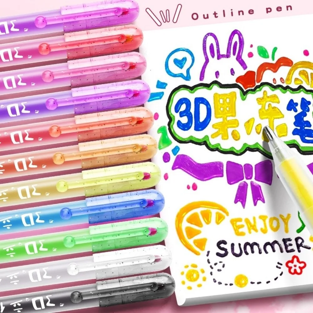 

12pcs Set Fun Glitter Gel 3D Fluorescent Pen DIY Craft Art Supplies Jelly Drawing Pen Greeting Card Contour Pen Scrapbooking
