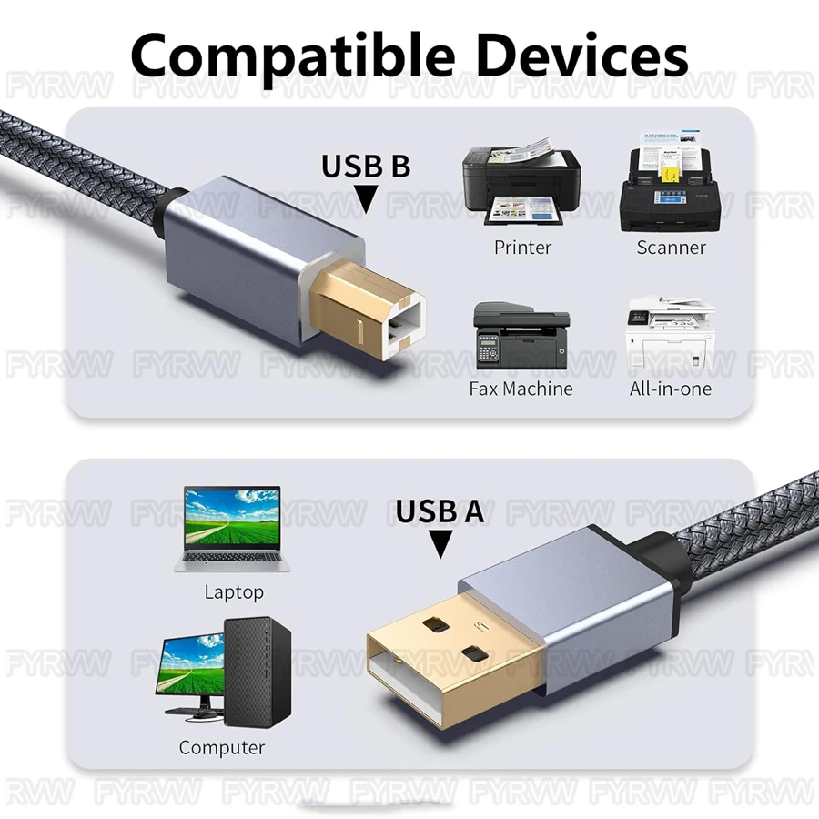 USB Printer Cable USB A to B Printer Cable USB MiDi Scanner Cord USB2.0 Printer Cord for HP Canon Dell Epson Lexmark 3M 5M Cable