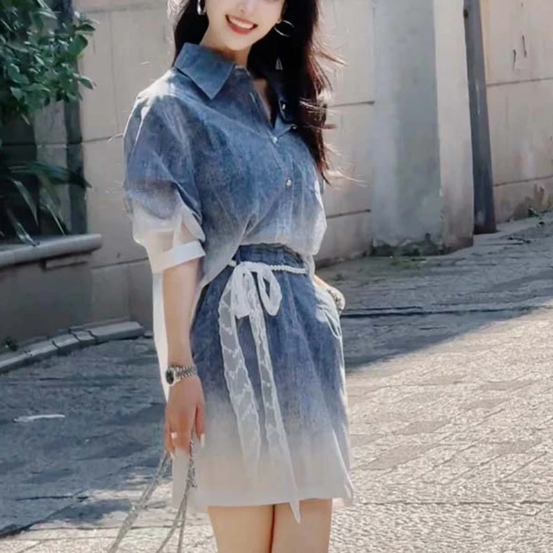 Summer Blue Gradient Design Two Piece Set Fashion Top Short Skirts Slimming Fit High Waist Cinching Shirt And Skirt Set