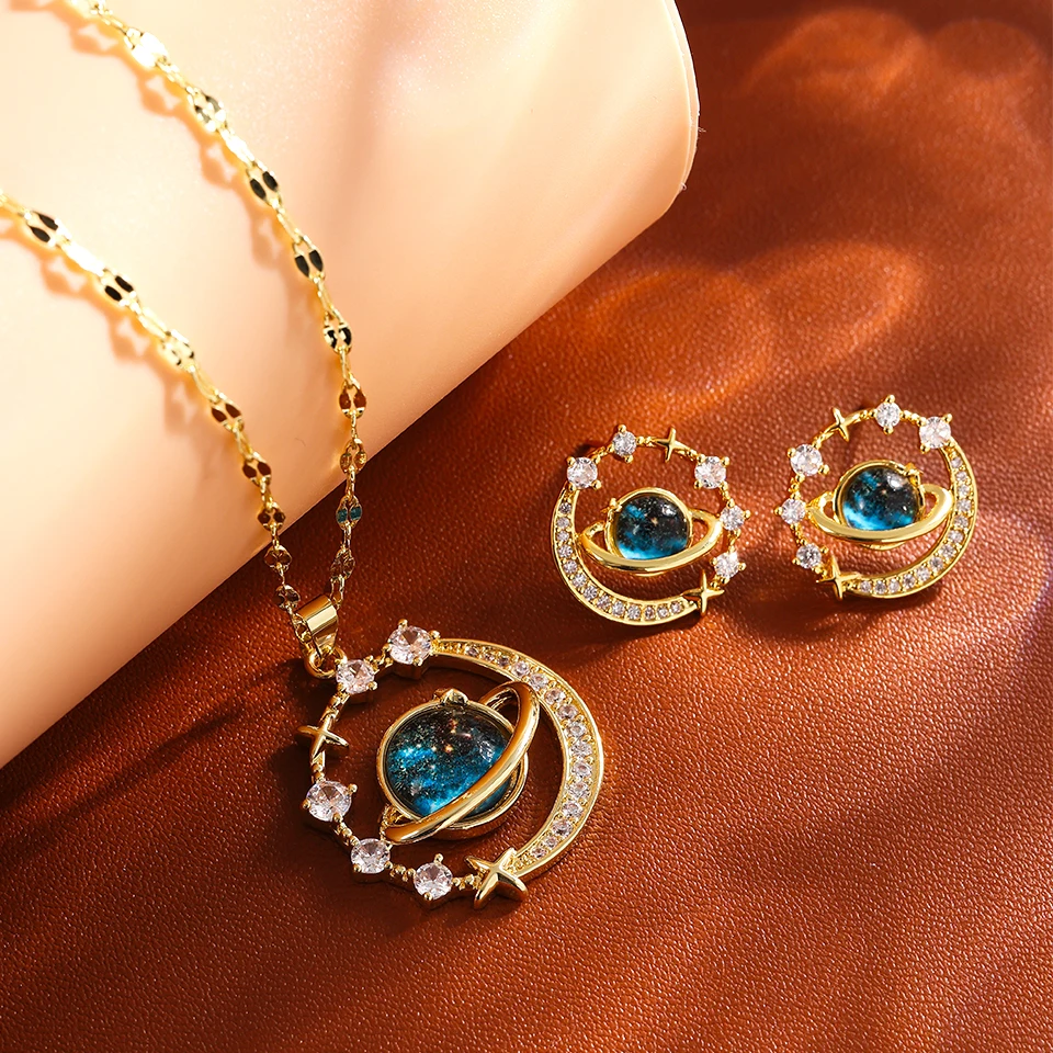 ZAKOL 2Pcs Titan Stahl Planet Runde Ohrring Halskette Sets für Frauen Nische Mode Weibliche Geburtstag Schmuck Geschenk