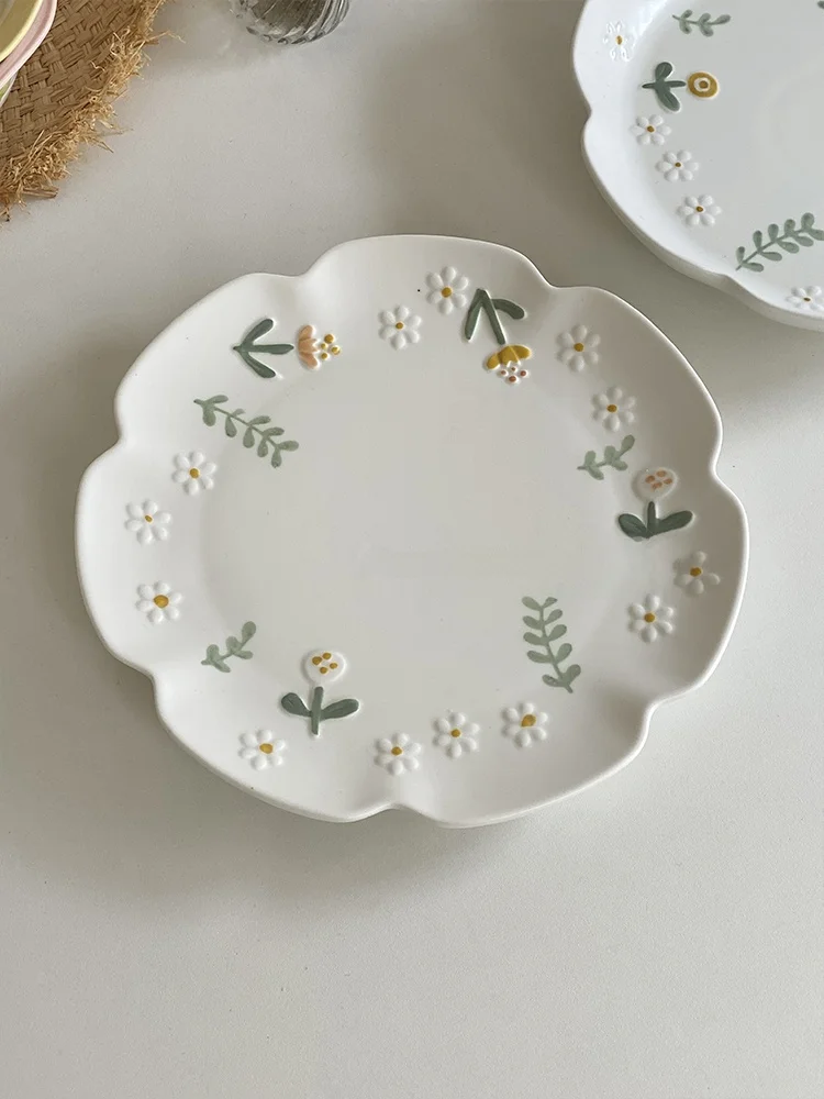 

Fre Daisy Floral Matte Cerc Dert Plate 8 Inch Korean Sle Dinnerware Sweet Treats Di Simple Modern round ape