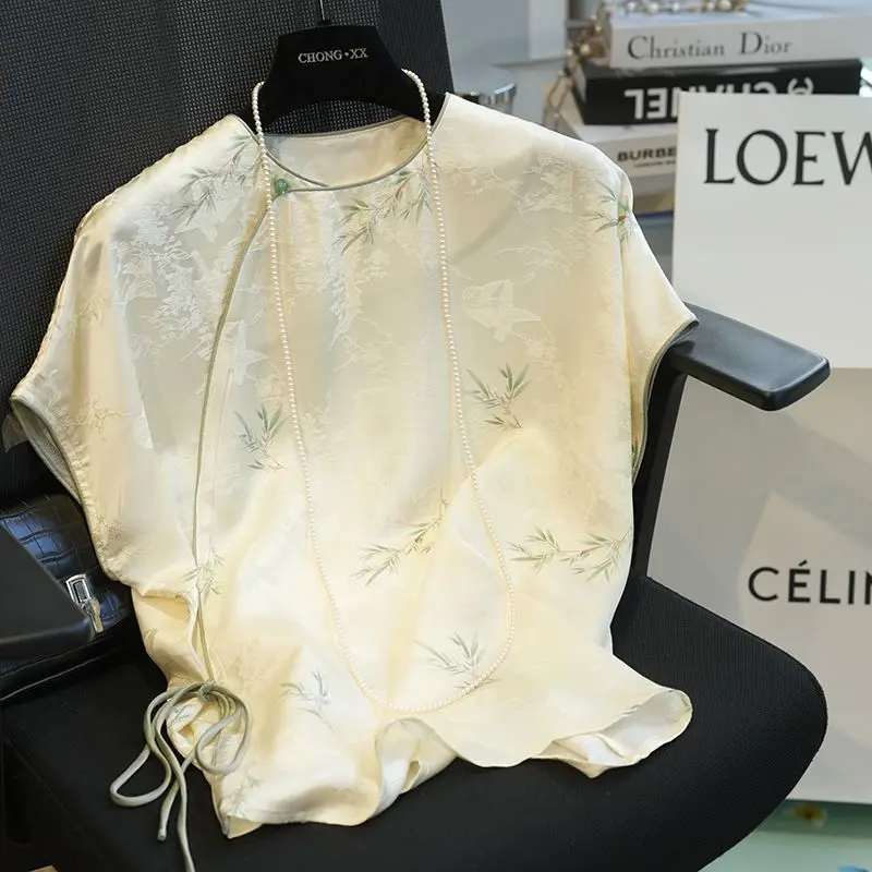 الساتان الحرير الجاكار ريترو قميص المرأة قصيرة الأكمام الأزهار المطبوعة البلوزات النمط الصيني خمر بلوزات فضفاضة الصيف موضة جديدة