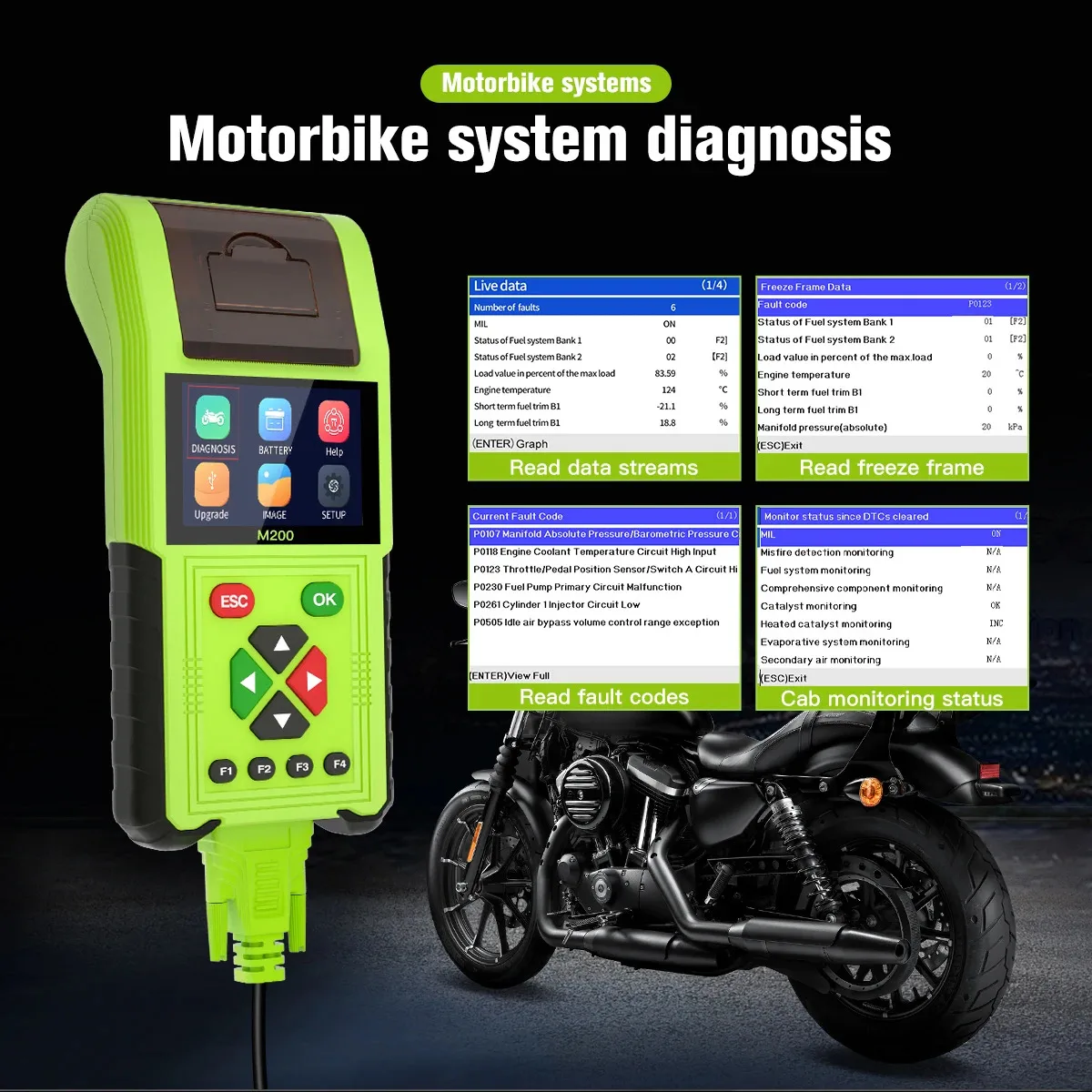 JDiag M200 Motorcycle Diagnostic OBD2 Scanner Moto Fault Code Reader Battery Tester Motoscan Tool For BMW Yamaha Kawasaki Honda