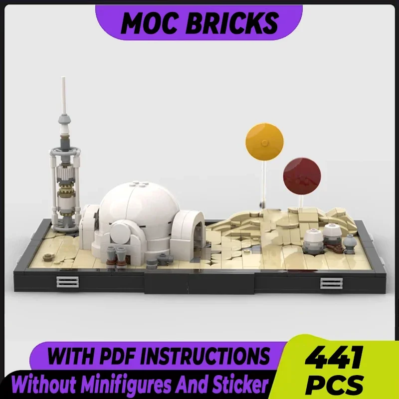 

Звездная модель фильма Moc, строительные кирпичи, бинарный закат, диорама в пустыне, технология, модульные блоки, подарок, рождественские игрушки, наборы «сделай сам», сборка