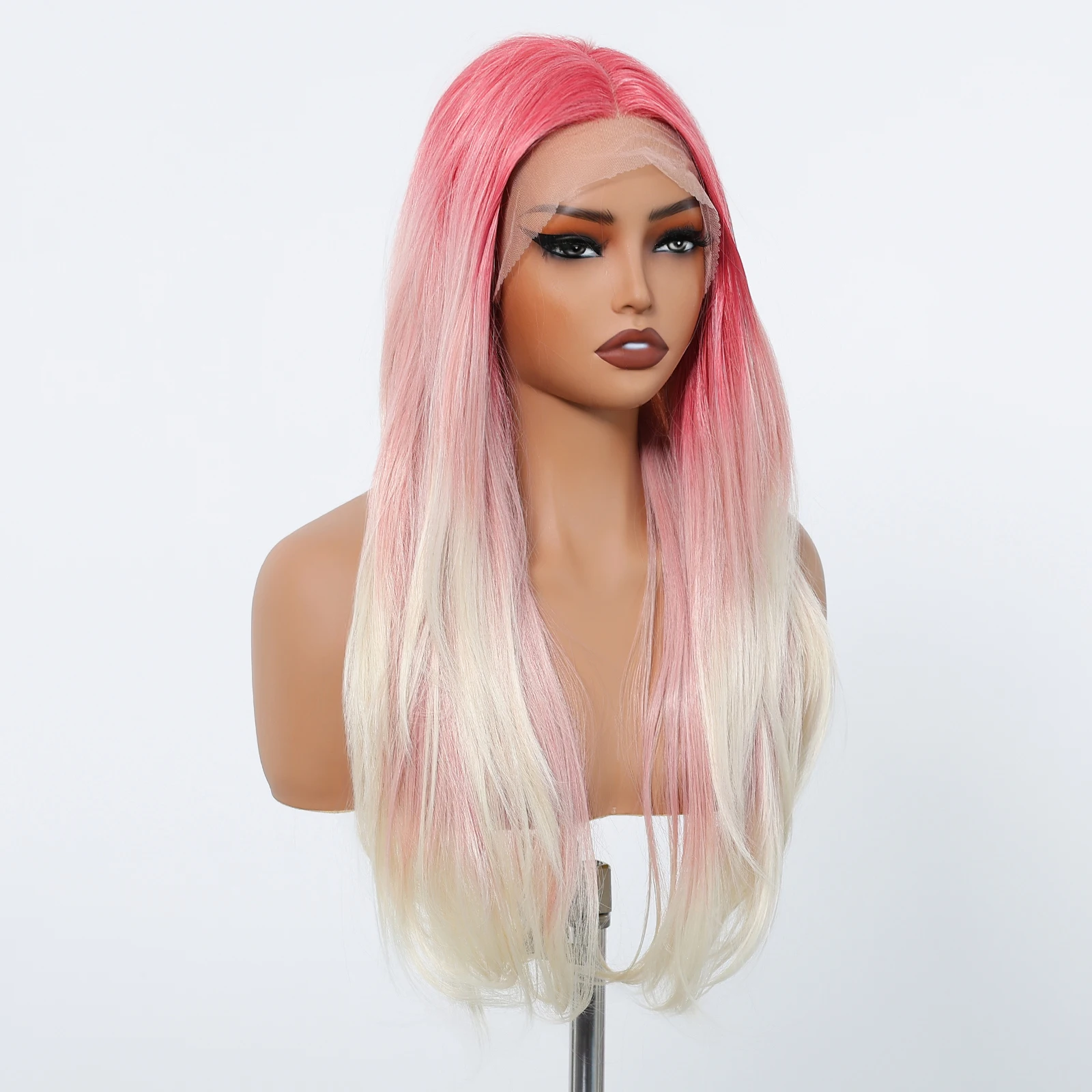 HENRY MARGU 5*1 Lace Frontal Synthetic Wigs Platinum Ombre Long Layered Lace Front Wig Middle Part Pink Cosplay Wigs for Women