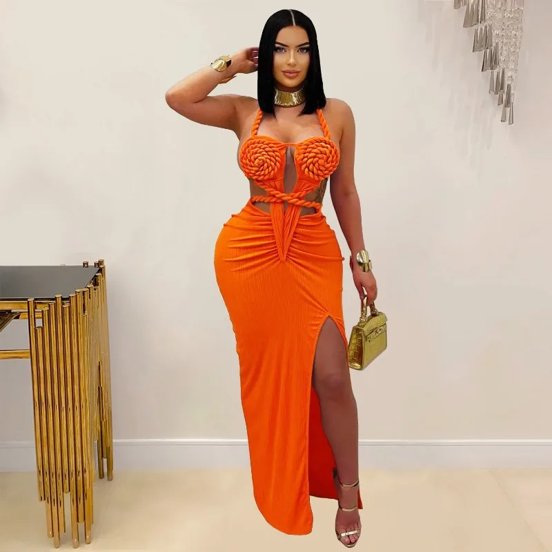 

Twist Straps Halter Backless Bodycon Maxi Party Dress Women Sexy Floral Bra Lace Up Split Ruched Slim Evening Gown Long Robe