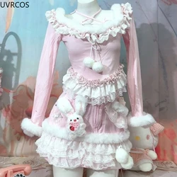 Kawaii Cute Lolita Skirt Sets Women Swweet Love Strawberry Bunny Long Sleeve T-shirt Tops Y2k Cake Skirt Suit Pink Two Piece Set