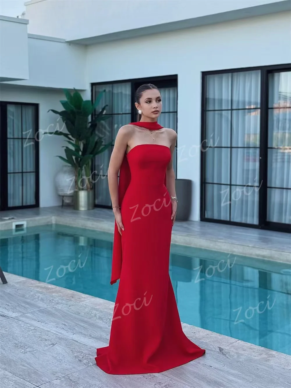 Zoci-vestidos de noche sencillos de sirena roja, vestidos de fiesta formales sin tirantes de satén elástico personalizados para mujer, vestido de dama de honor