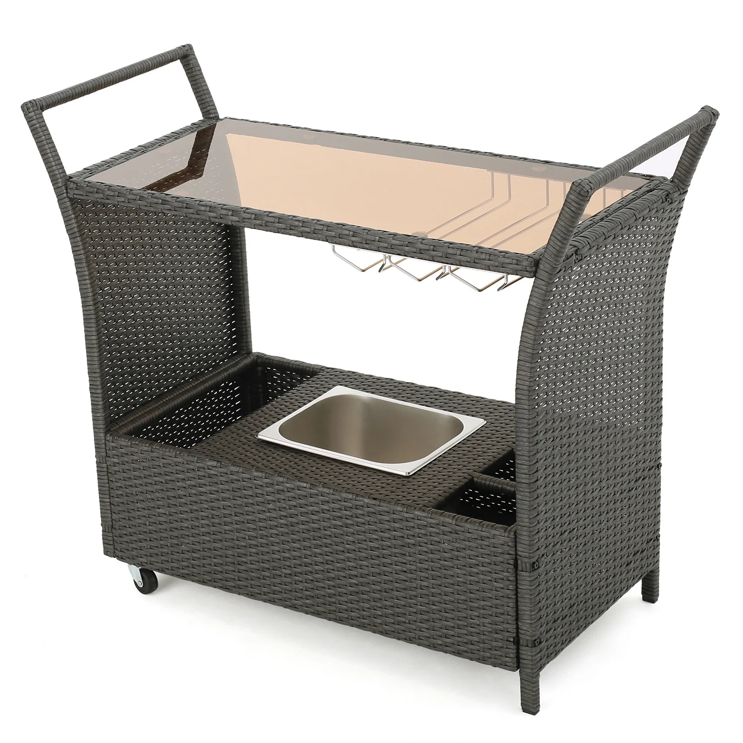 Outdoor Rolling Bar Cart Patio Wicker Storage Cabinet Serving Cart With Removable Ice Bucket Tempered Glass Countertop