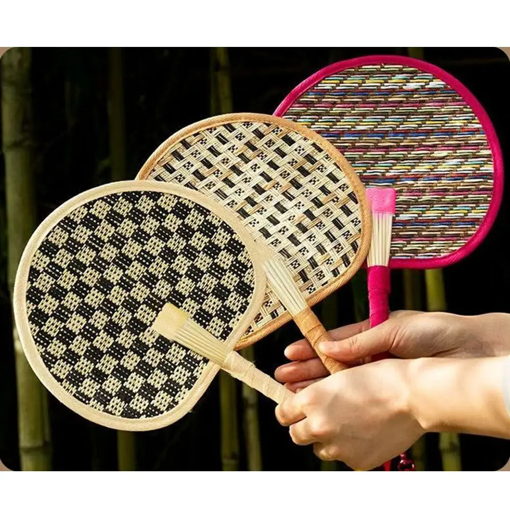 Vibrant Colors Handwoven Fan Round with Elastic Lanyard Hand Cranked Fan with Adjustable Rope Handmade Summer Cooling Fan Beach