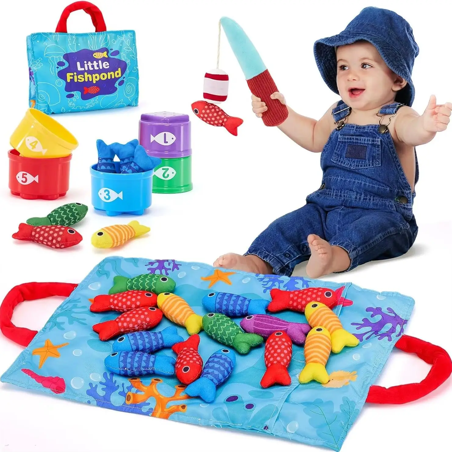 Brinquedo montessori para crianças, jogo de pesca de pano com copos de empilhamento, classificação de cores, brinquedo de educação precoce, contagem de números, brinquedo de matemática, presente