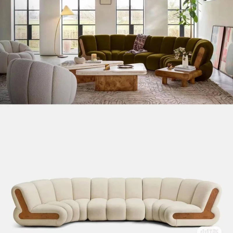 Minimalist large flat living room small waist sofa milky white cream wind line arc sofa