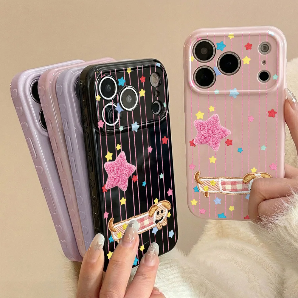 Niedliche Hunde-Soft-Handyhülle für iPhone 17 16 15 14 13 11 12 17 Pro Max Stern-Print Bonbonfarben-Hülle für iPhone 15 16 Pro Max Bumper