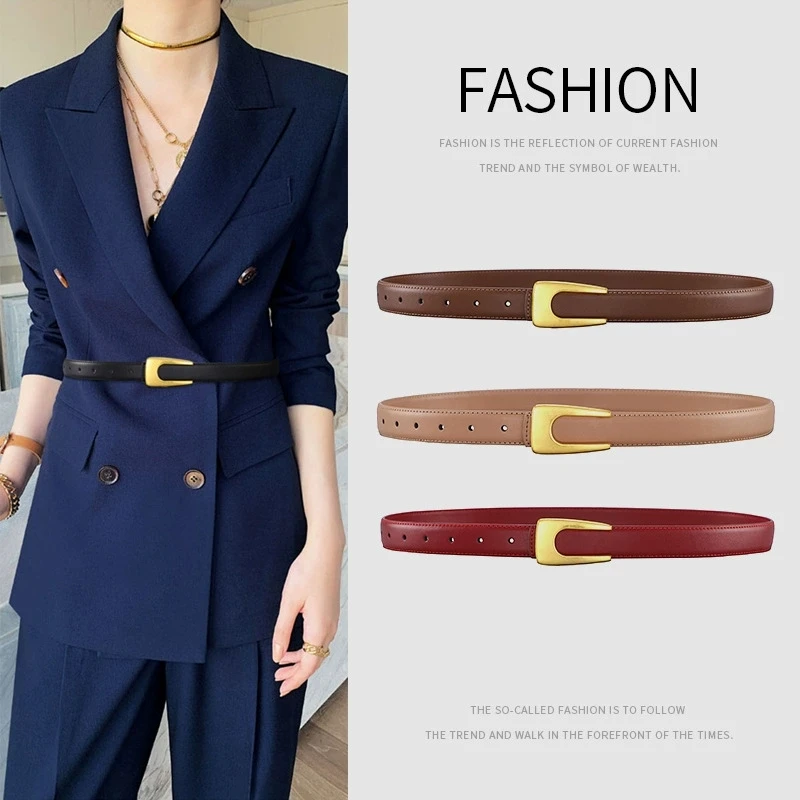 Women's Retro U-Buckle Genuine Leather Belt, Minimalist Versatile Decorative Dress Suit Waist Belt, Women's Slim Style