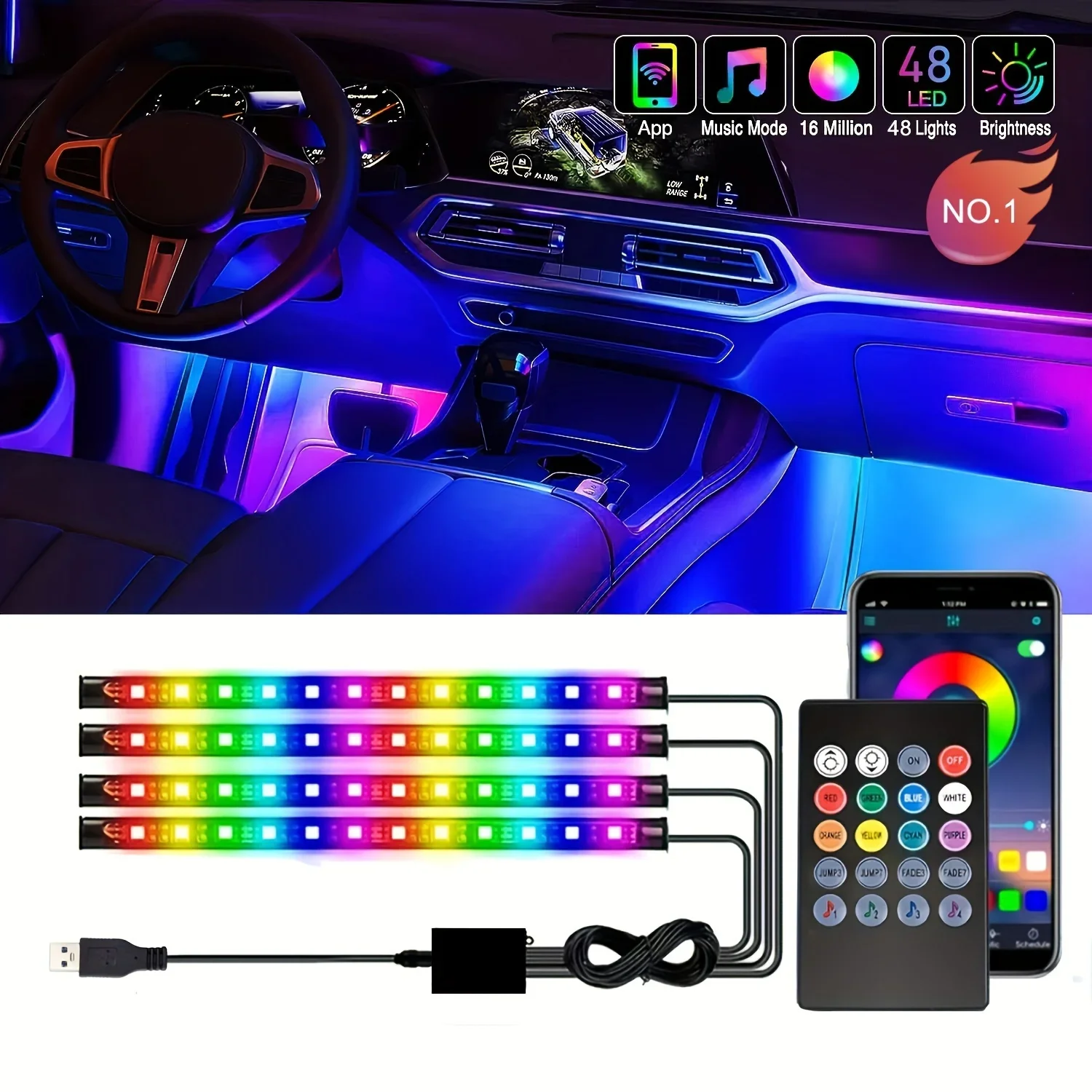 

LED Car Interior Ambient Foot lamp With USB Wireless Remote Control Auto Decorative Atmosphere Neon Lamp LED bar car Accessories