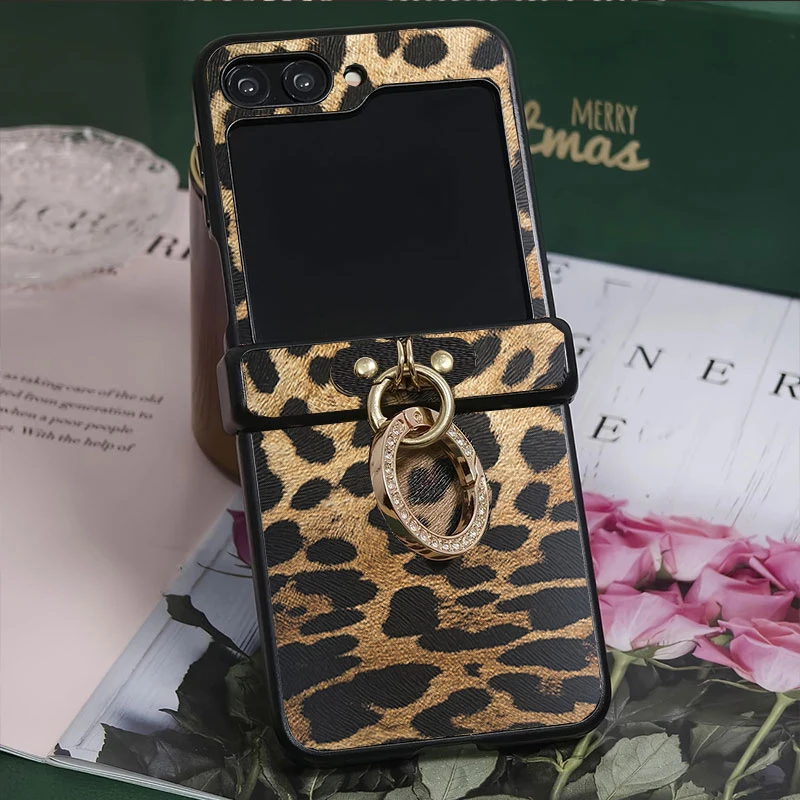 Luxuriöse Leopardenmuster PU-Leder Handyhülle für Samsung Galaxy Z Flip 8 7 6 5 4 3 5G Flip 7 Fe mit Diamantbeschichtetem Ringverschluss – Detail 2