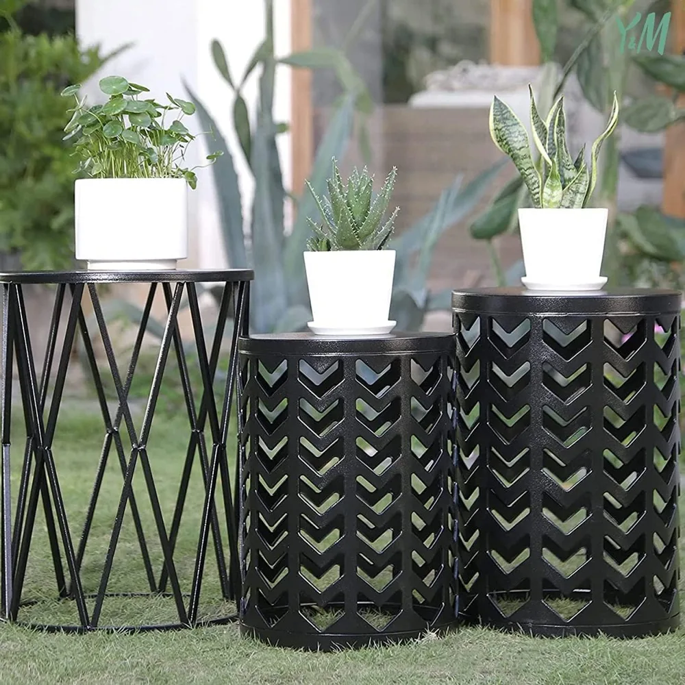 Set of 3 Black End Tables, Nesting Metal Round Coffee Table, Heavy Duty Meta Plant Stand Decorative Garden Stool